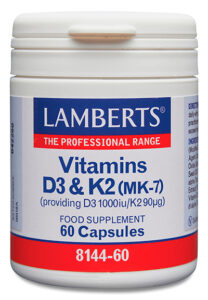 Vitamina D3 1000 UI y Vitamina K2 90 mcg en cápsulas Lamberts
